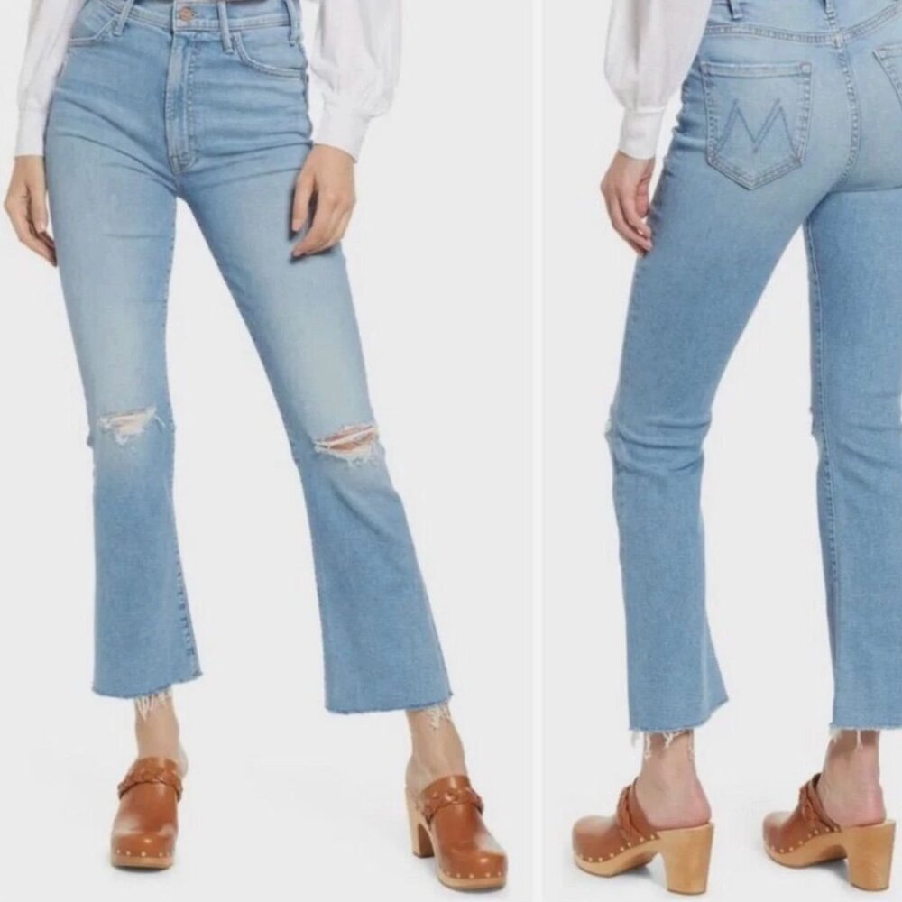 Mother The Hustler Ankle Fray Thrilling Shots Blue Jeans Distressed Denim 26